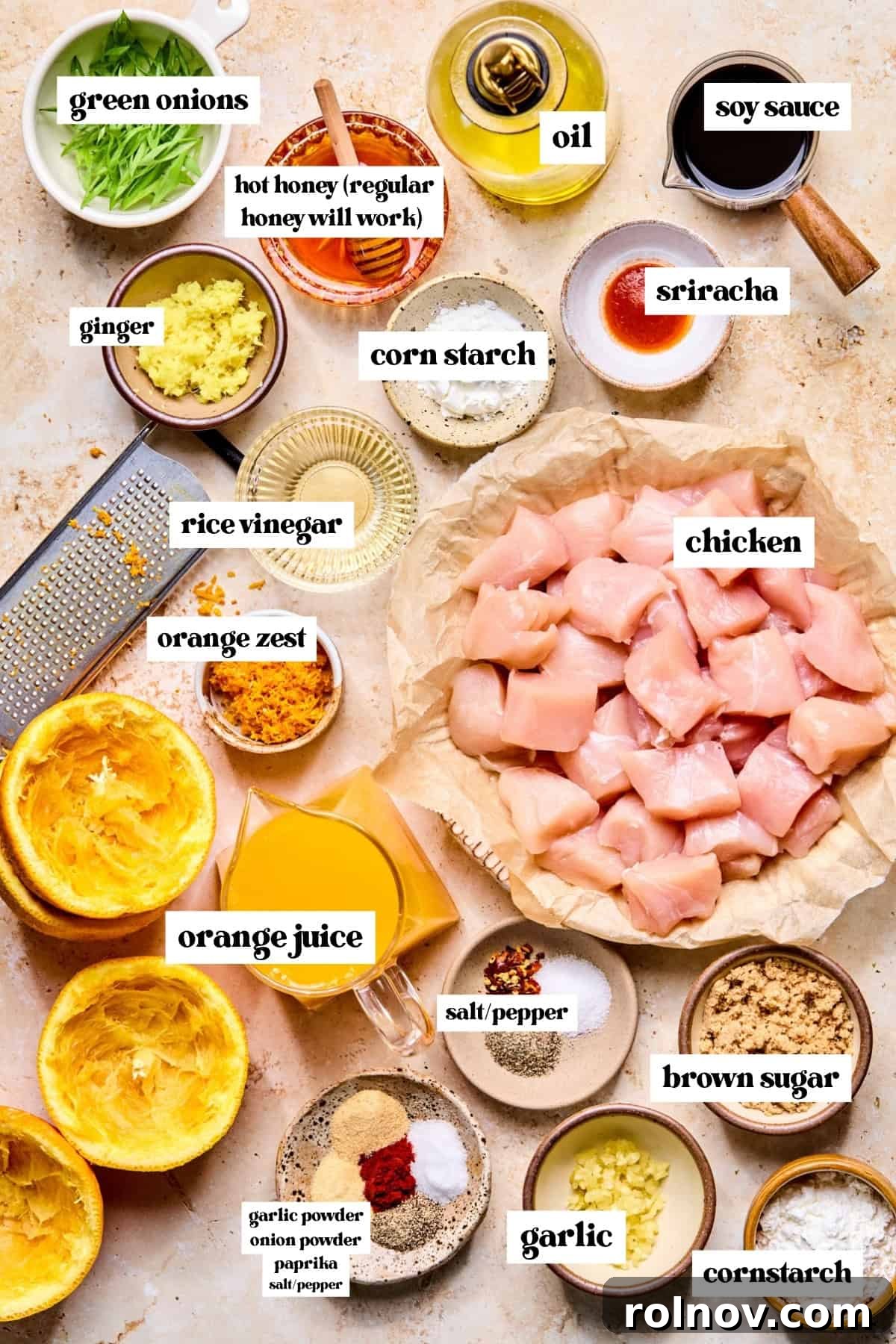 Chicken pieces, green onion, garlic, ginger, soy sauce and other labeled ingredients on surface.
