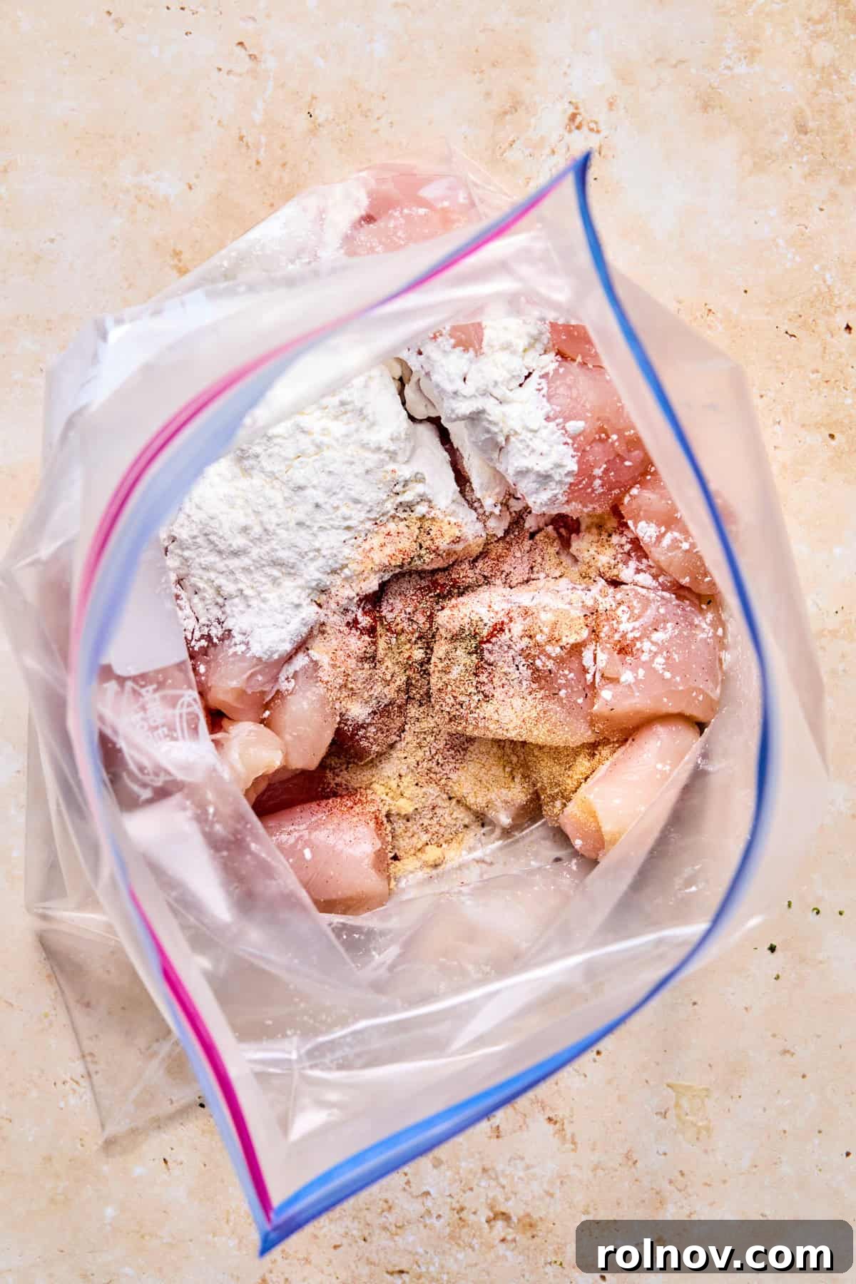 Plastic bag with cut up chicken pieces with cornstarch and seasoning.
