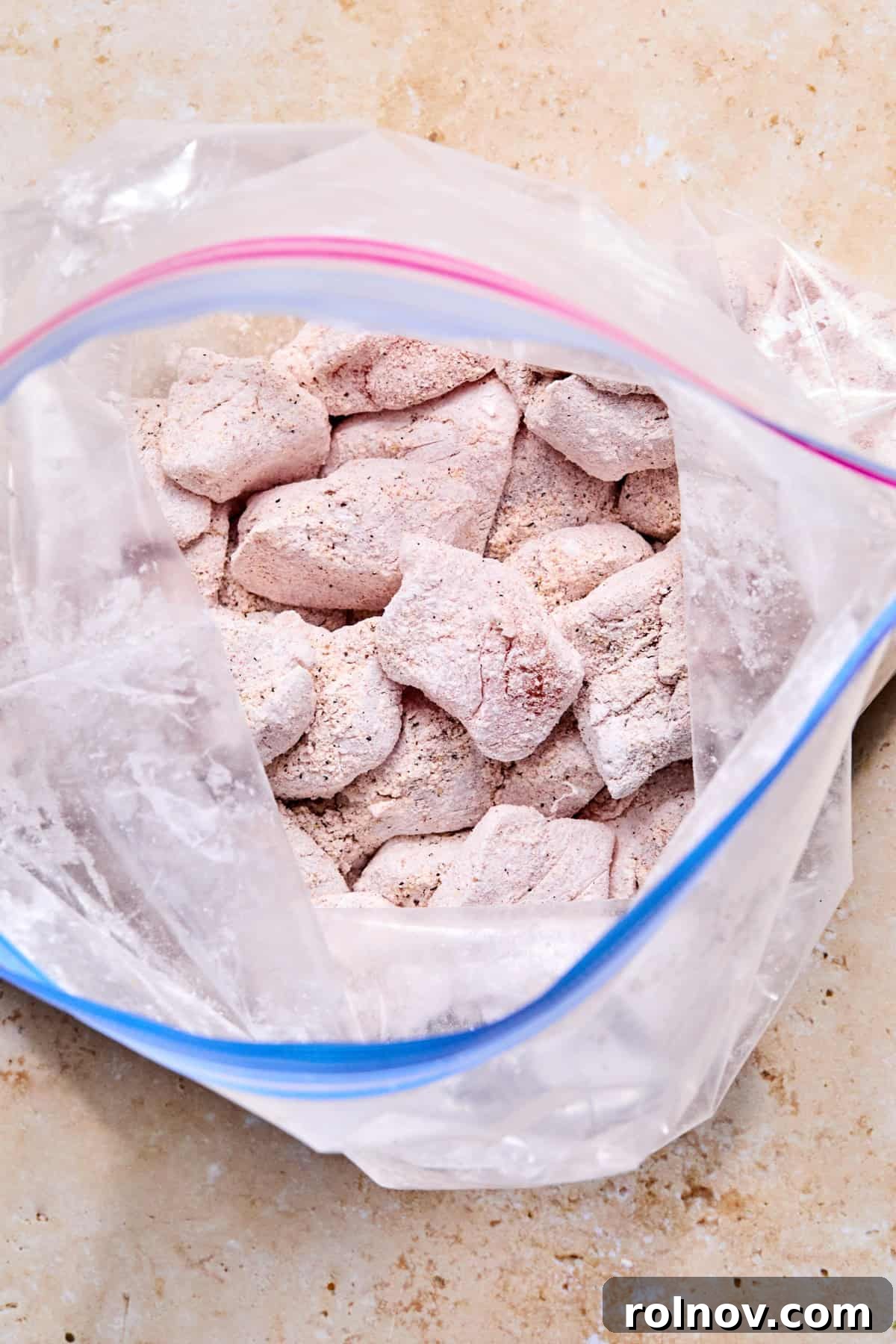 Plastic bag with seasoned and coated chicken.