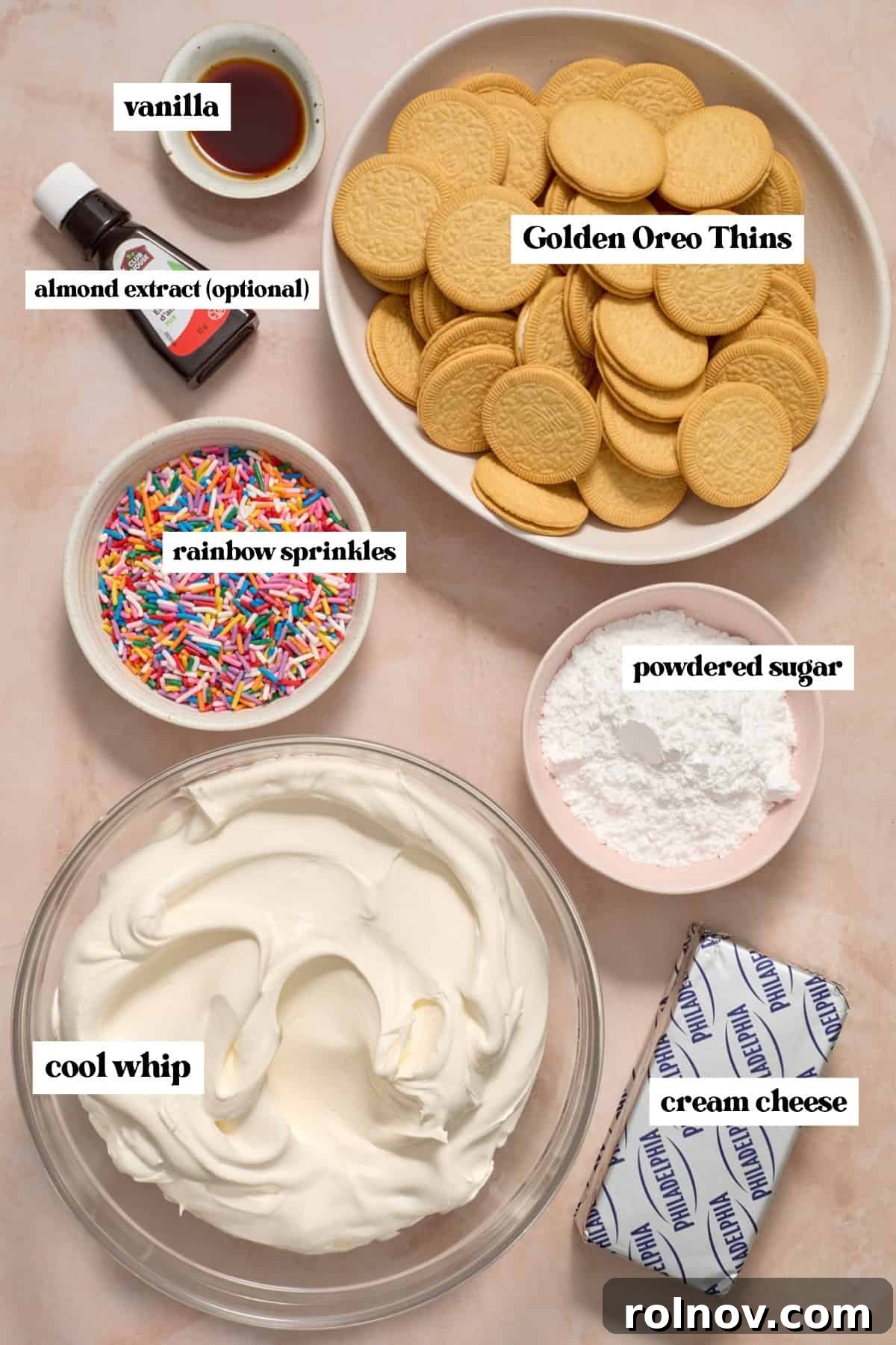 Cream cheese, sprinkles, vanilla and other labeled ingredients.