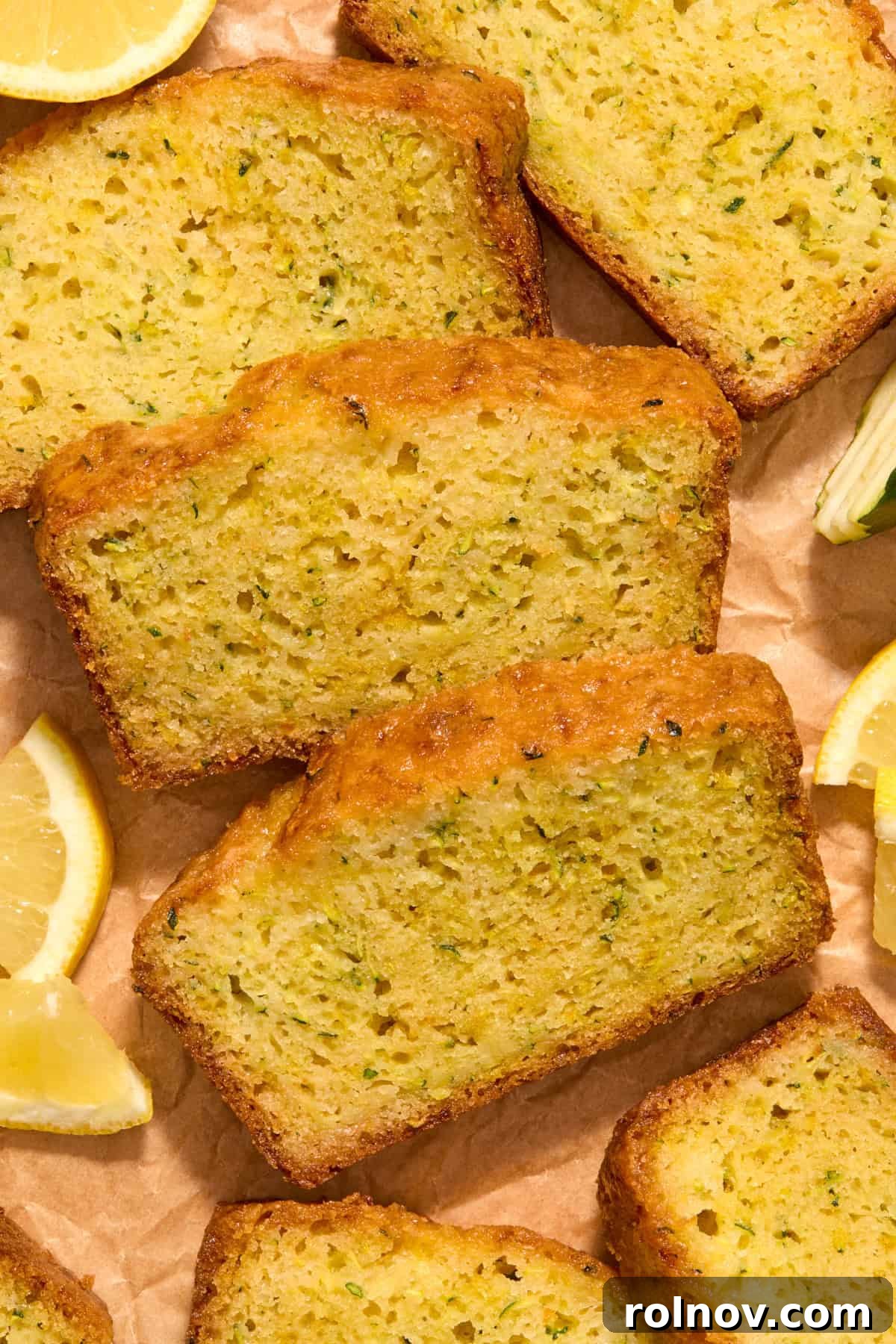 Moist Lemon Zucchini Bread with Citrus Glaze 13 Slices of lemon zucchini bread on parchment with lemon slices.