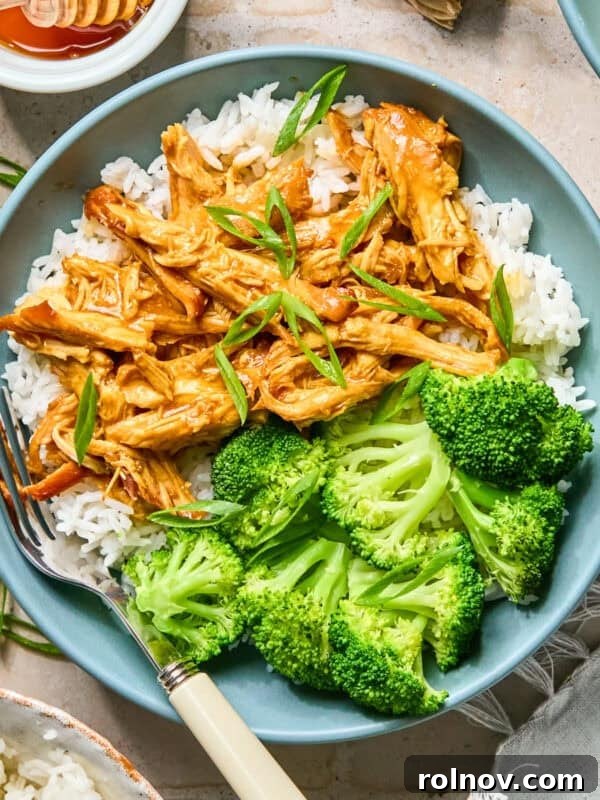 Shredded honey sriracha chicken in sauce over rice with green onions on top.