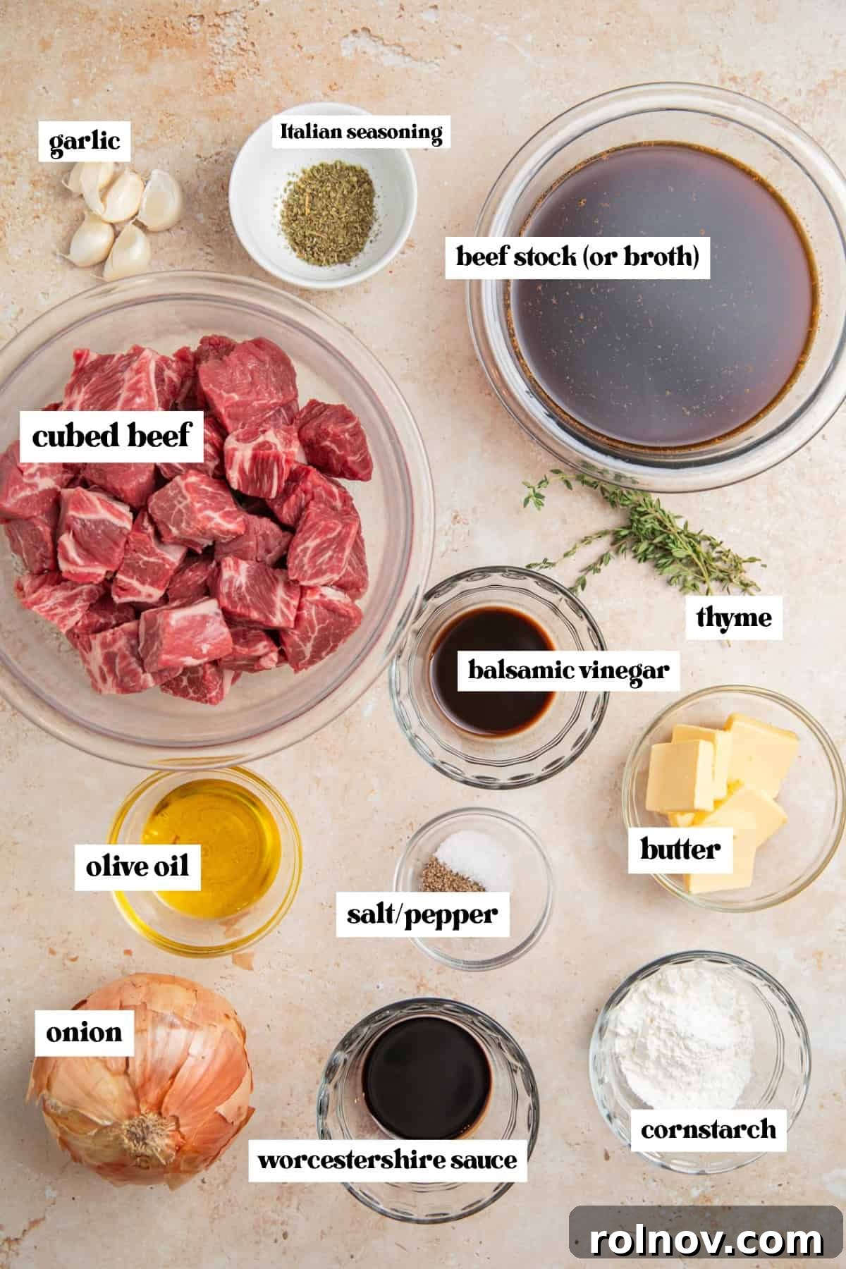 Cubed meat, broth, garlic, onion, seasoning and other labeled ingredients.