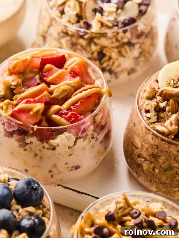 Overnight oatmeal prepared in glasses including several flavors.