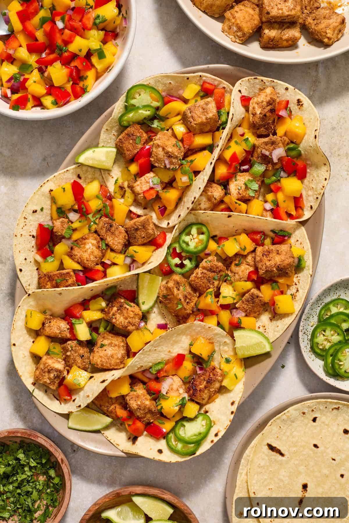 Crispy Baja Fish Tacos with Fresh Mango Salsa 11 Serving platter with fish tacos topped with mango salsa.