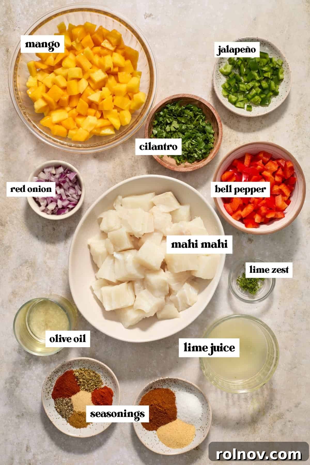 Crispy Baja Fish Tacos with Fresh Mango Salsa 4 Fish, mango, cilantro, lime juice and other labeled ingredients.