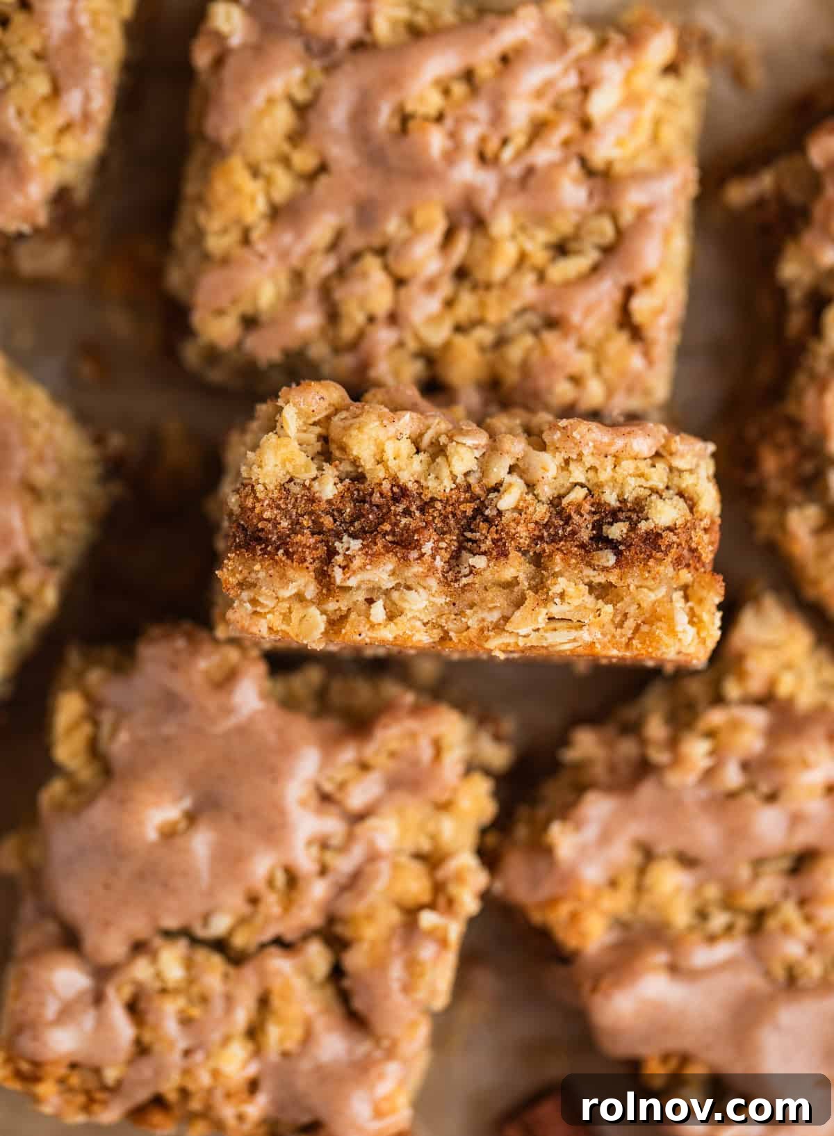 Side view of brown sugar cinnamon oatmeal bars.
