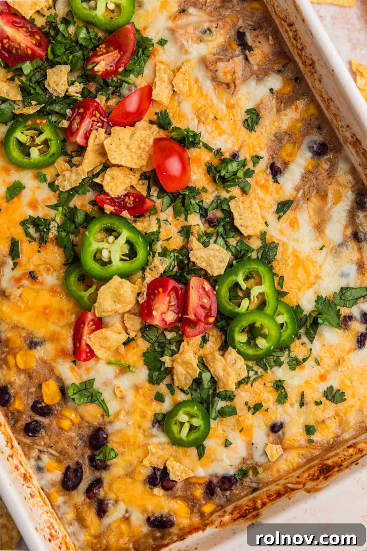 Salsa verde chicken and rice dump and bake meal in pan topped with cilantro.