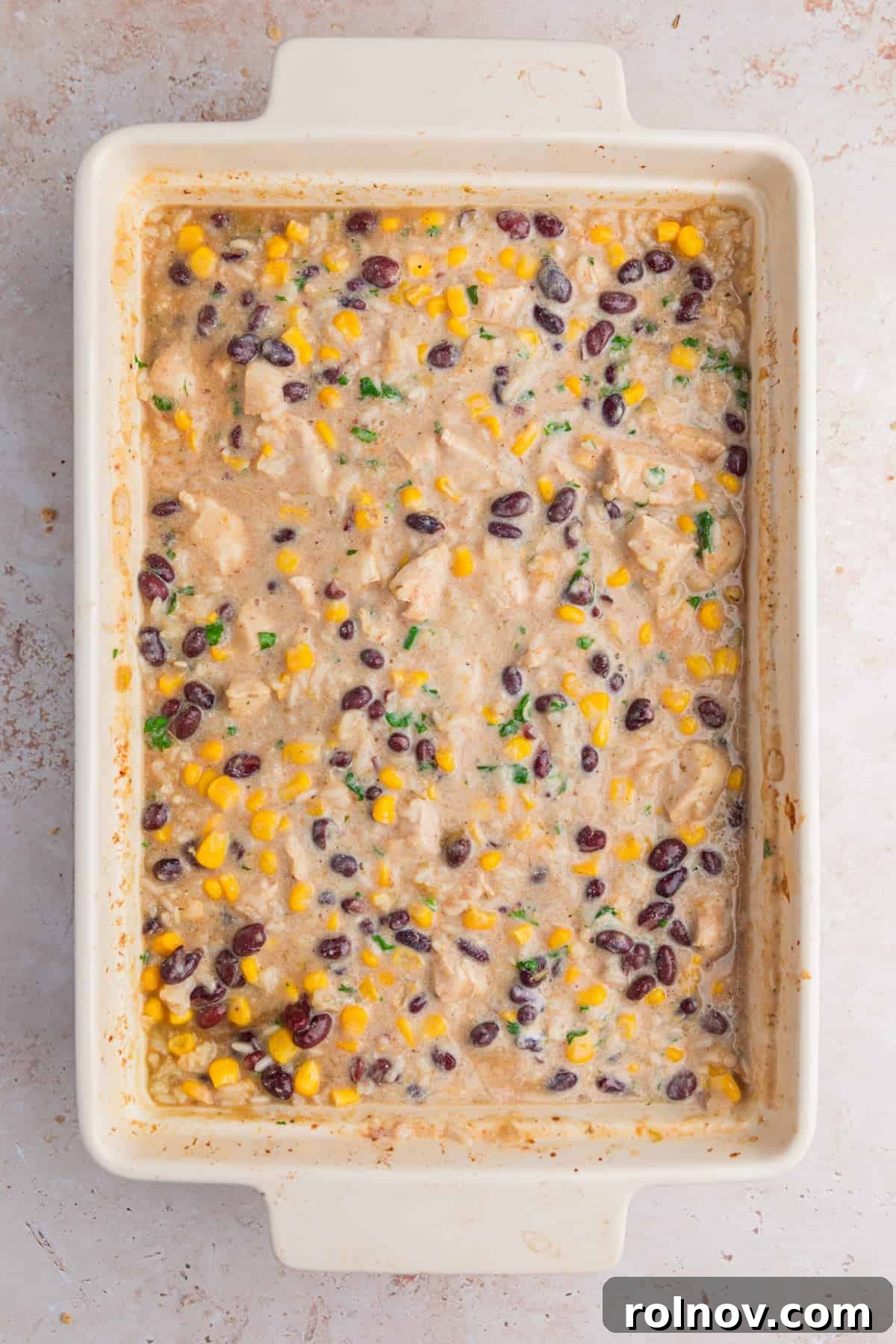 Sour cream and cilantro added to chicken and rice bake.