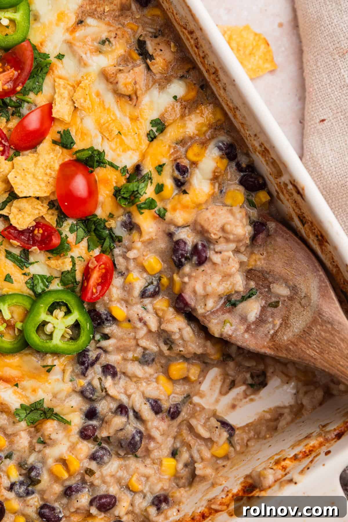Wood spoon scooping into chicken and rice mixture.