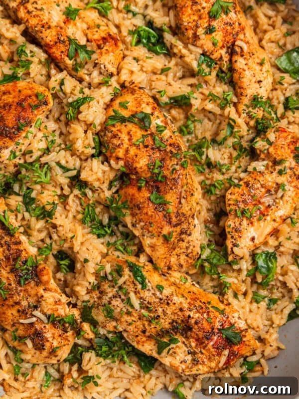 Herbed chicken and rice in pan topped with chopped parsley.