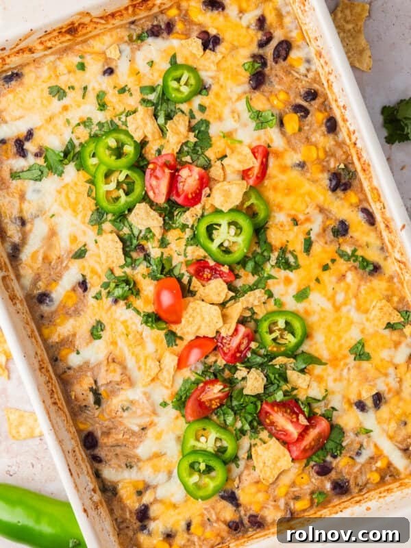 Salsa verde chicken rice bake in pan topped with cilantro, jalapeño and tomatoes.