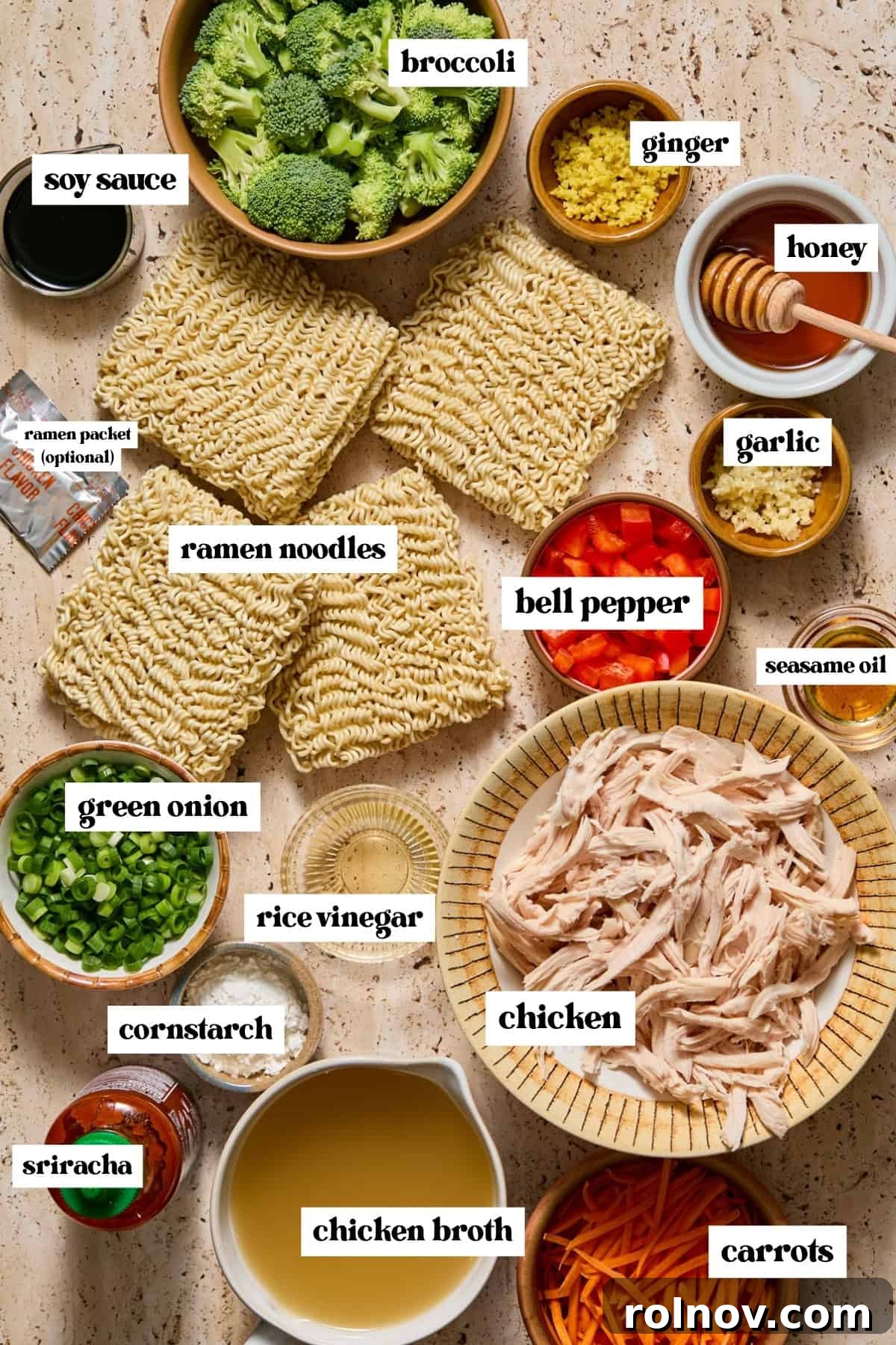 Pulled chicken, vegetables, garlic, ginger, soy sauce and other ingredients labeled on surface.