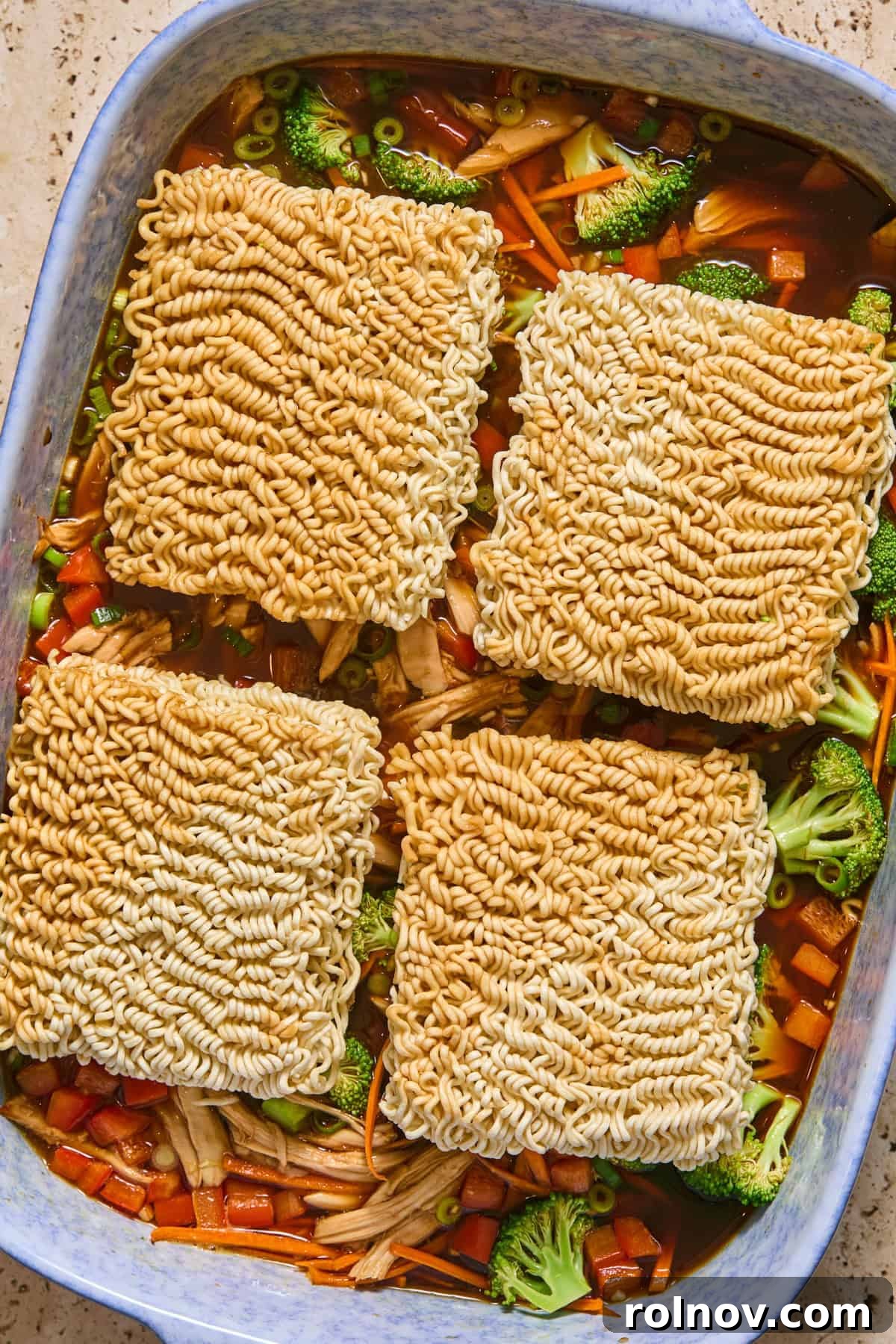 Chicken ramen bake halfway through baking.