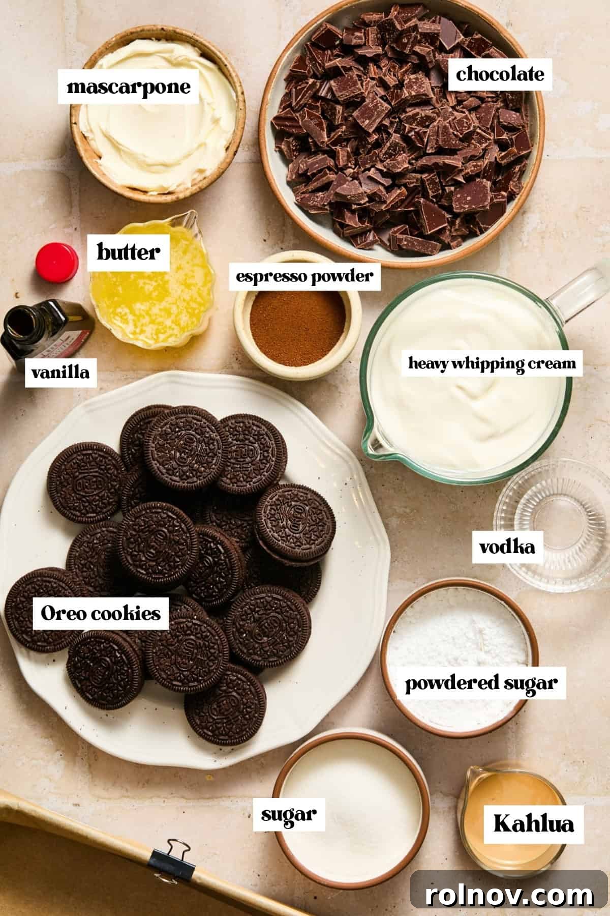 Espresso Martini Bars Near You: Where to Go Tonight 4 Chopped chocolate, mascarpone, Oreos and other ingredients labeled on surface.