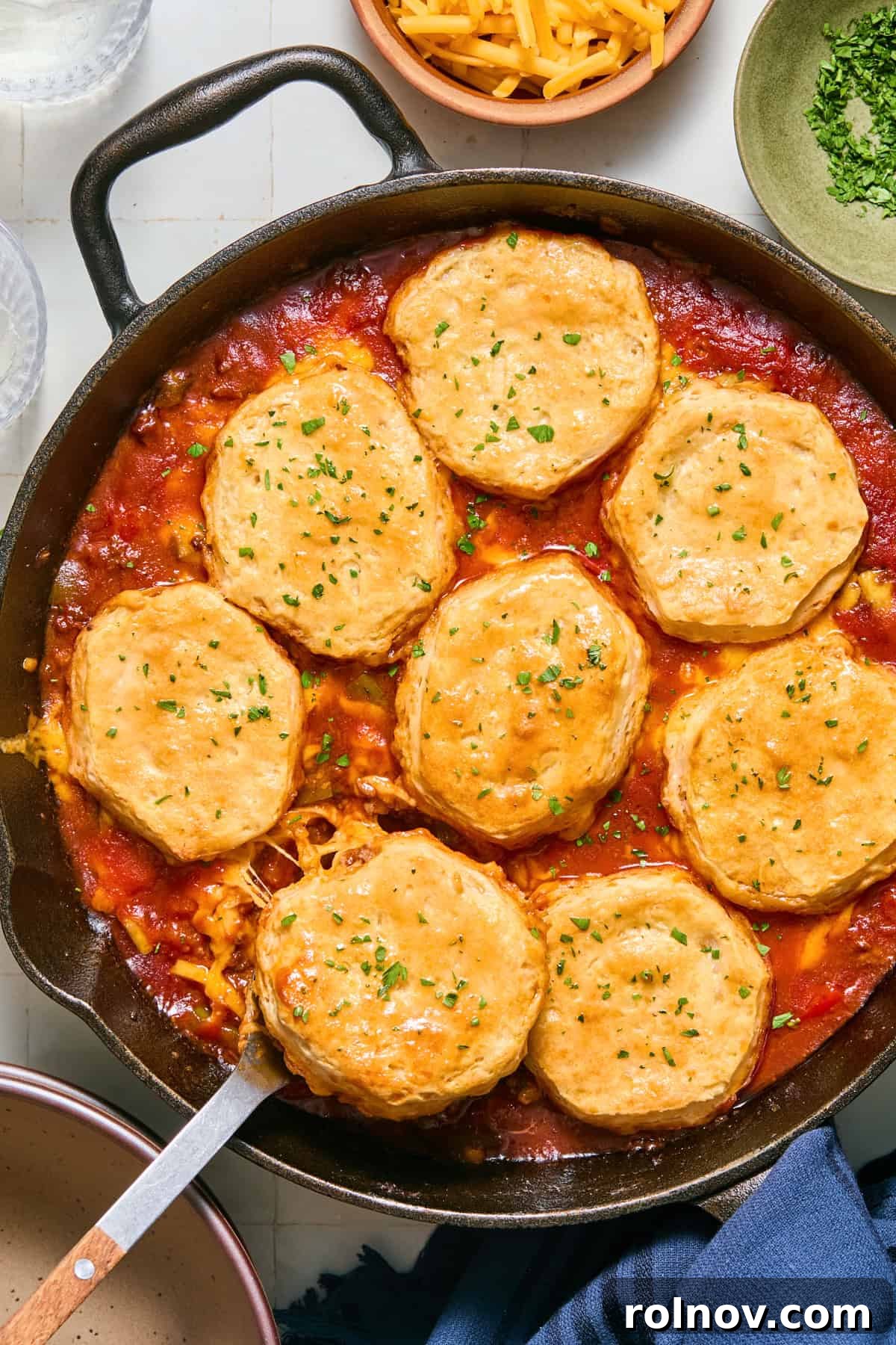 Cheesy Sloppy Joe Casserole for Family Weeknight Dinners 2 Sloppy Joe casserole with biscuits over top in skillet.