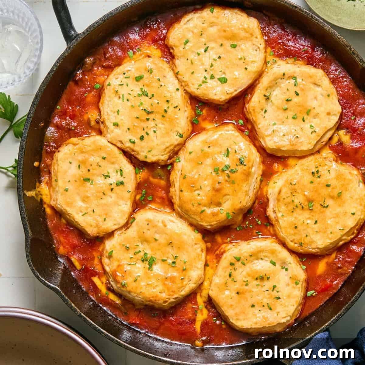 Cheesy Sloppy Joe Casserole for Family Weeknight Dinners 12 Sloppy Joe casserole prepped in cast iron skillet with parsley topped buttery biscuits.