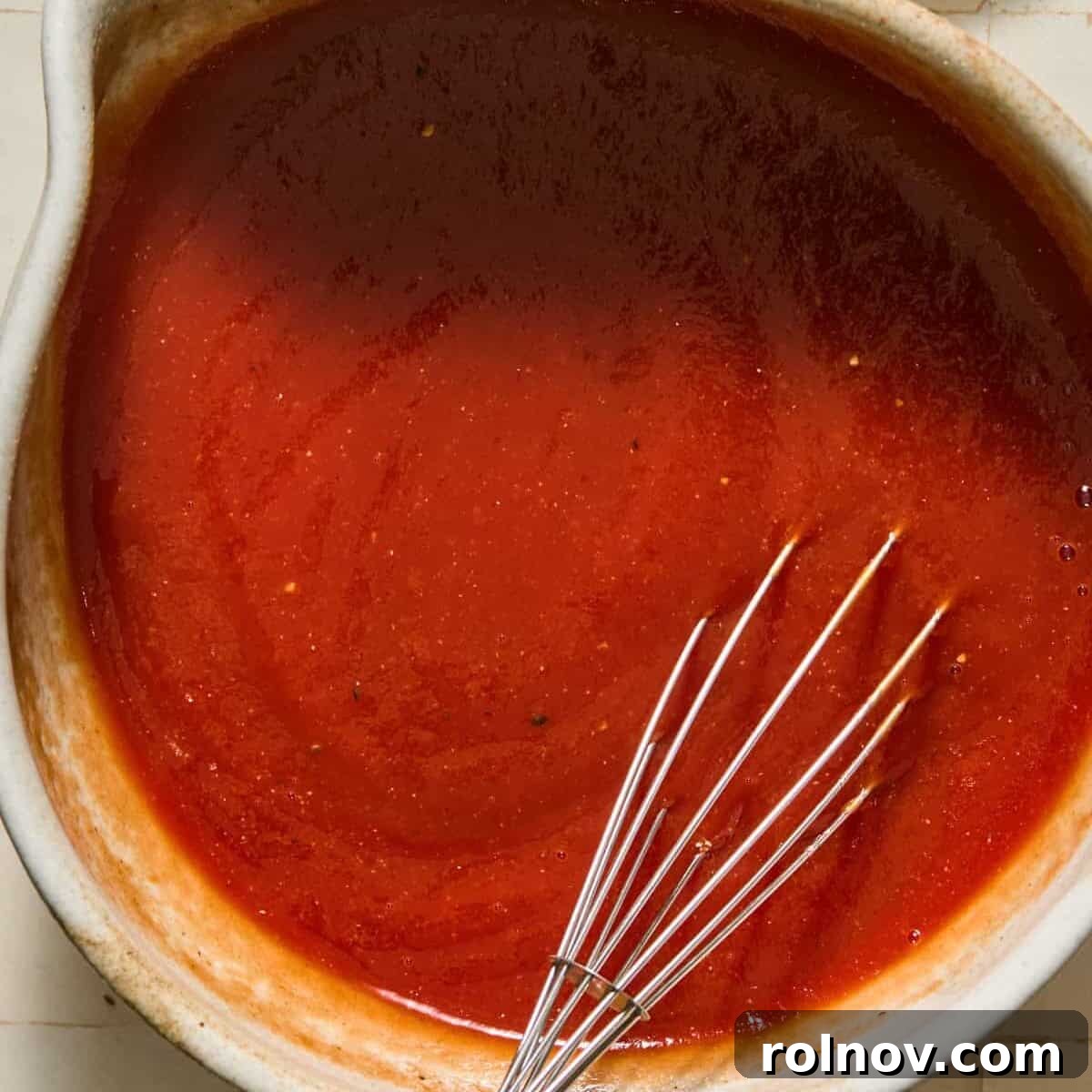 Cheesy Sloppy Joe Casserole for Family Weeknight Dinners 5 Tomato mixture for sloppy Joe casserole in mixing bowl with whisk.