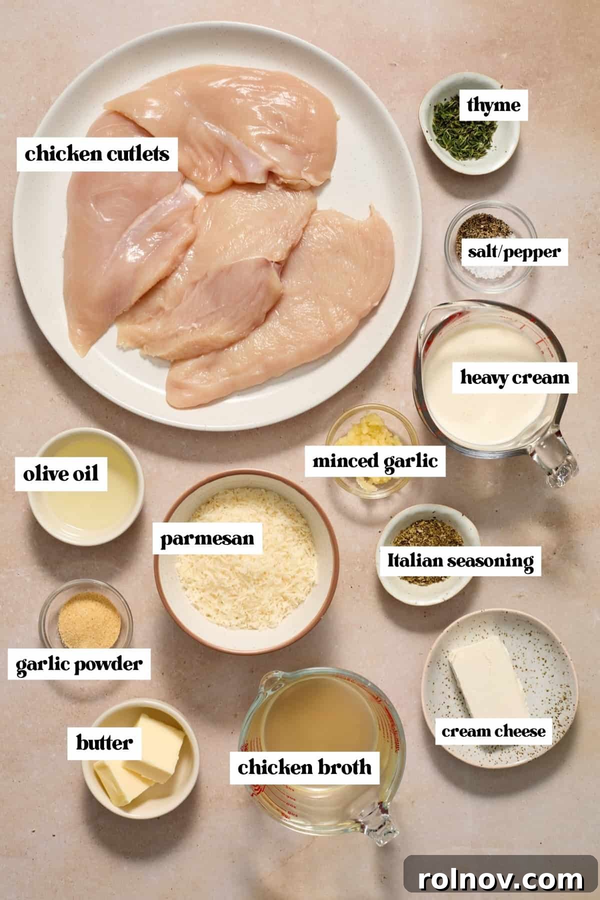 Creamy Garlic Parmesan Chicken Recipe 4 Chicken cutlets, butter, parmesan, thyme and other ingredients for recipe.