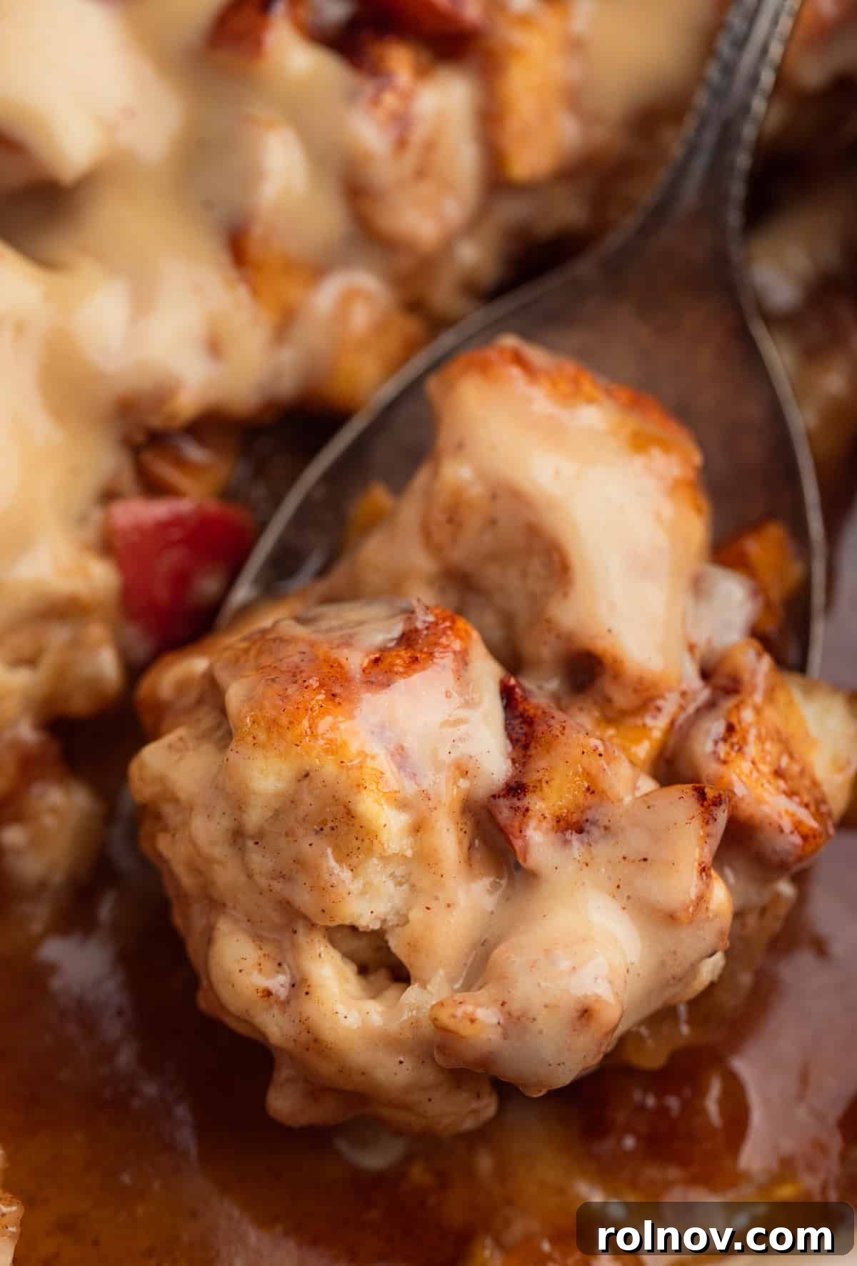 Warm Apple Cinnamon Biscuit Casserole 2 Apple cinnamon biscuit bake in pan with spoonful of dish.