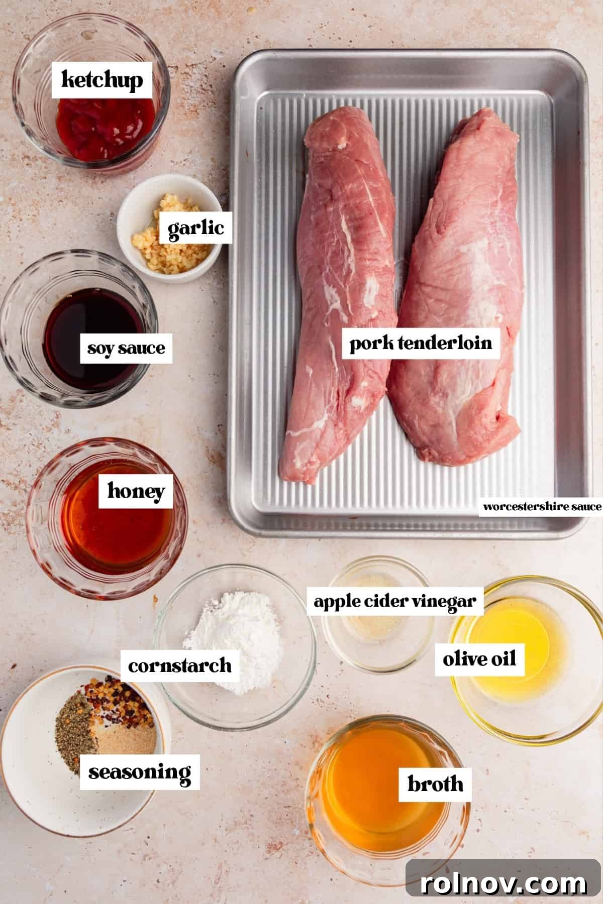 Honey Garlic Pork Tenderloin in the Slow Cooker 4 Raw pork tenderloin, ketchup, soy sauce and other labeled ingredients on surface.