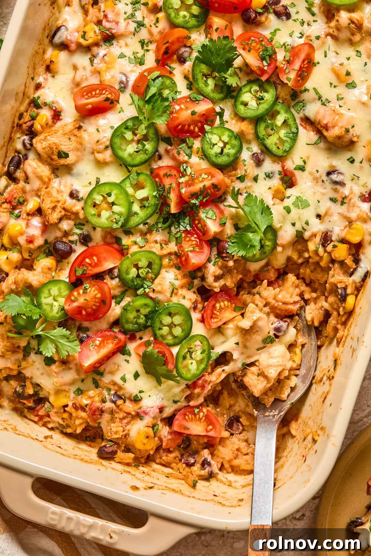 Cheesy Taco Chicken and Rice Casserole 2 Baking pan with cheese-topped chicken and rice casserole