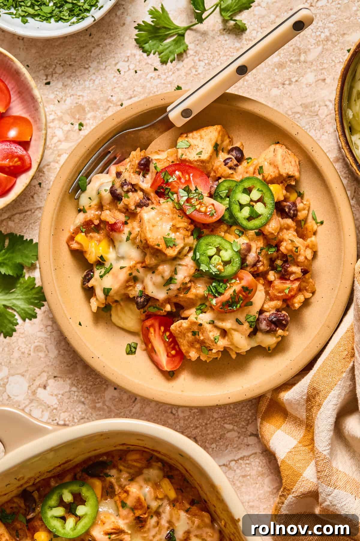 Cheesy Taco Chicken and Rice Casserole 12 Bowl with serving of chicken and rice with jalapeños and tomatoes on top