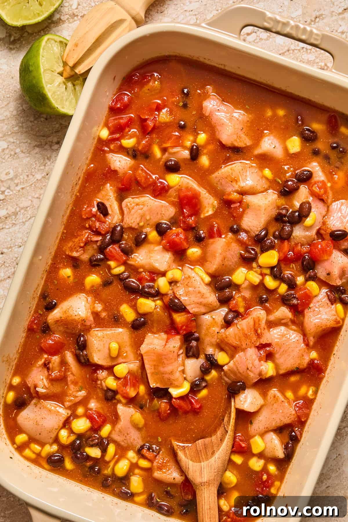 Cheesy Taco Chicken and Rice Casserole 7 Taco chicken and rice mixture before baking