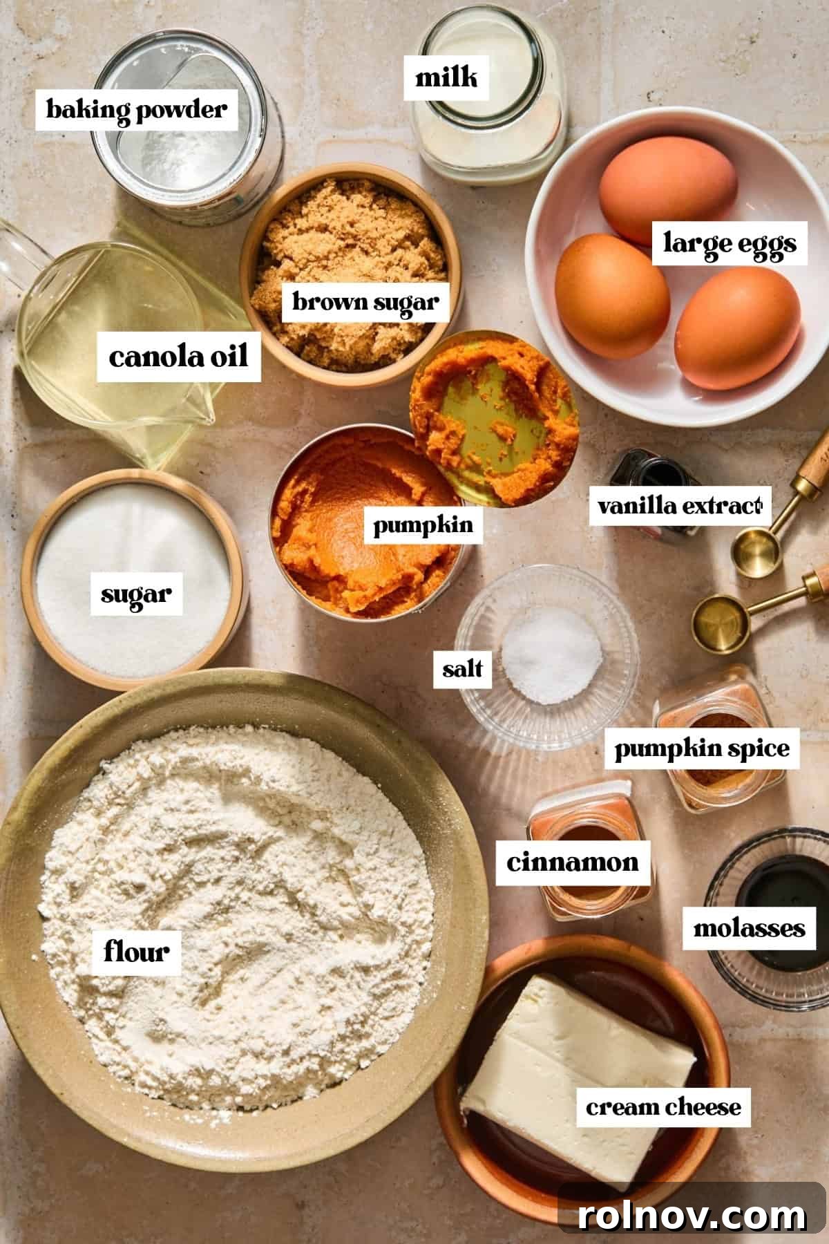 Cinnamon Pumpkin Bread with Cream Cheese Swirl 4 Flour, oil, eggs, cream cheese and other labeled ingredients for recipe.